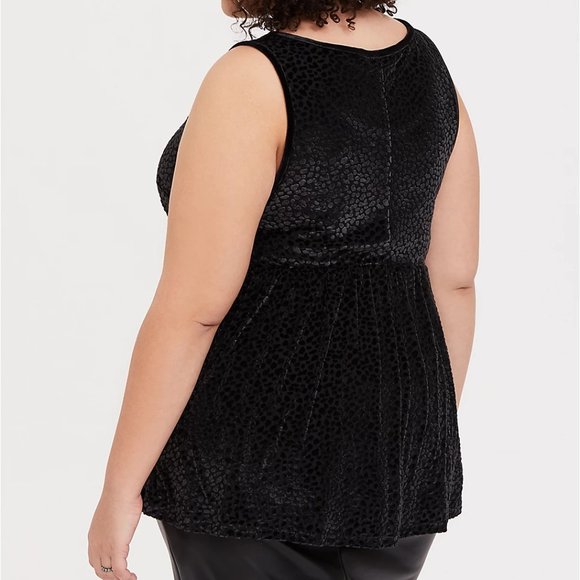 Torrid 00 Medium Top Black Leopard Burnout Velvet Plus Size Peplum High Neck NWT - Picture 2 of 5
